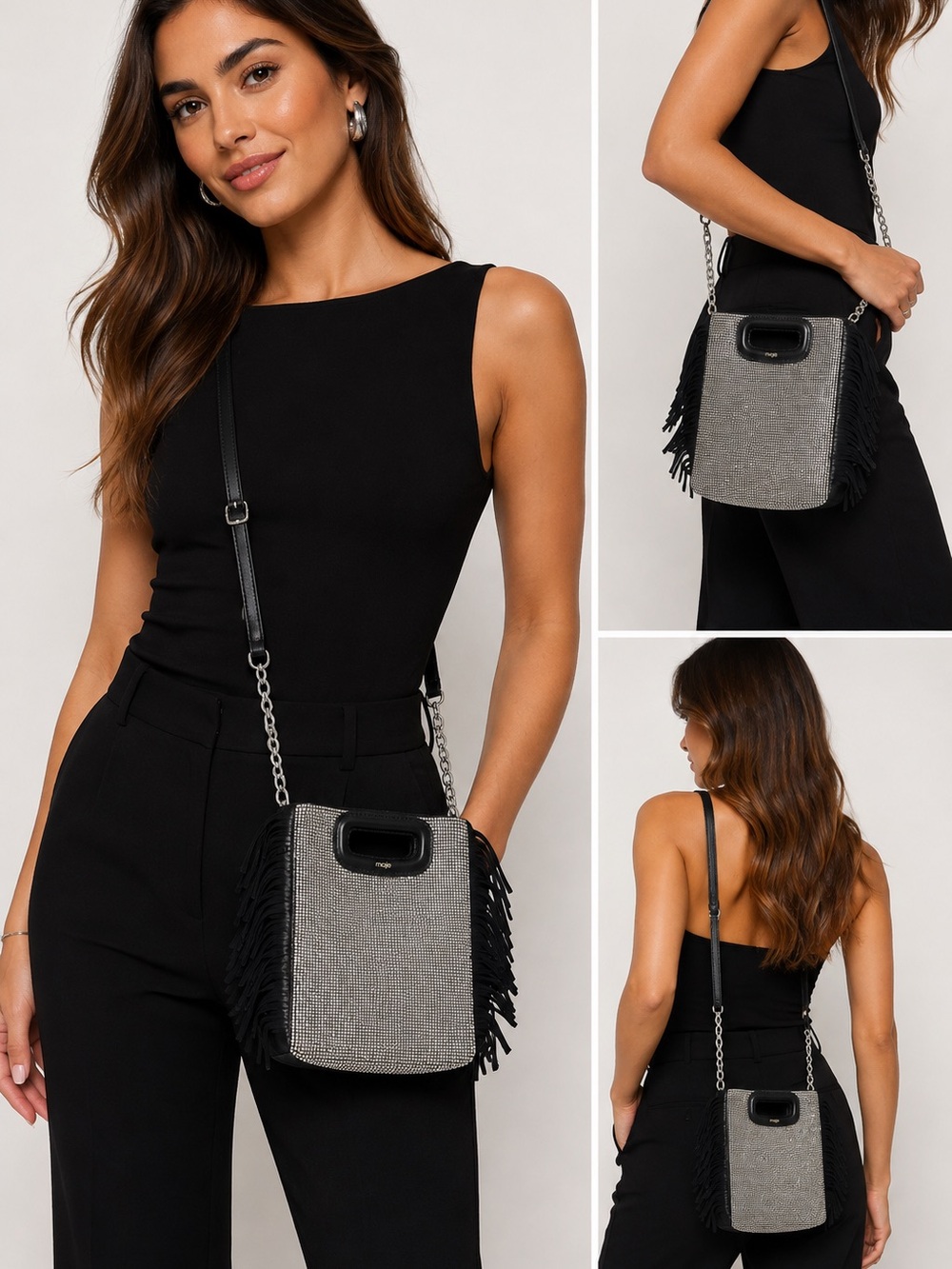 Maje NWOT Black Silver Fringe-Trim Crossbody Bag
